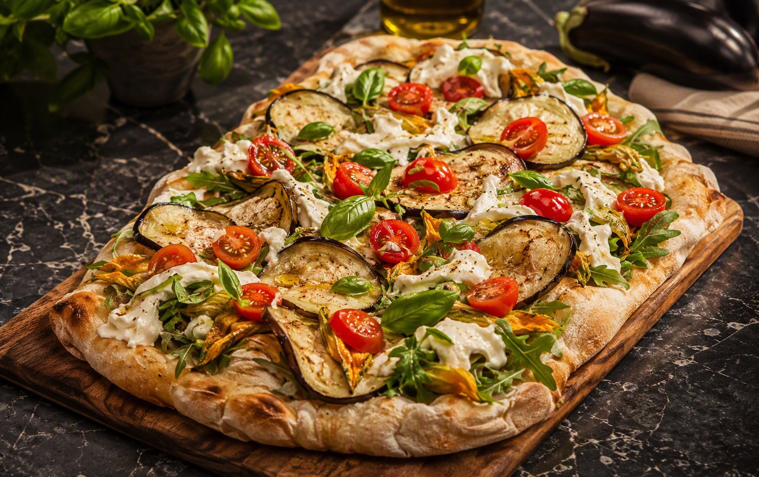 La pinsa con melanzane grigliate, burrata e pomodorini