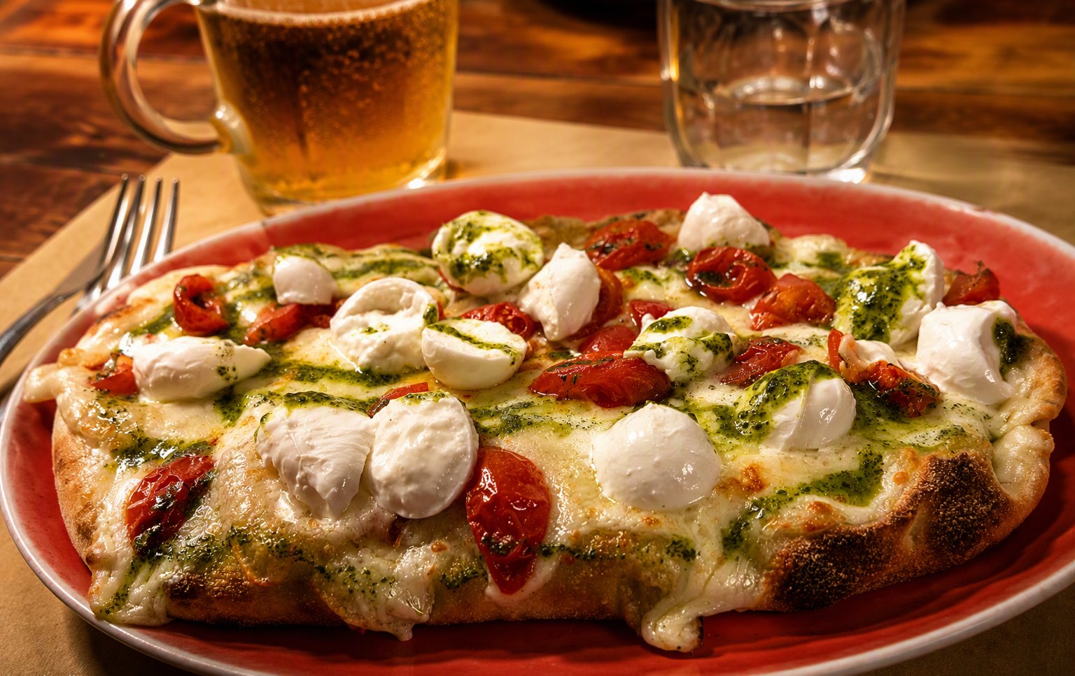 La pinsa con burrata, pesto e pomodorini