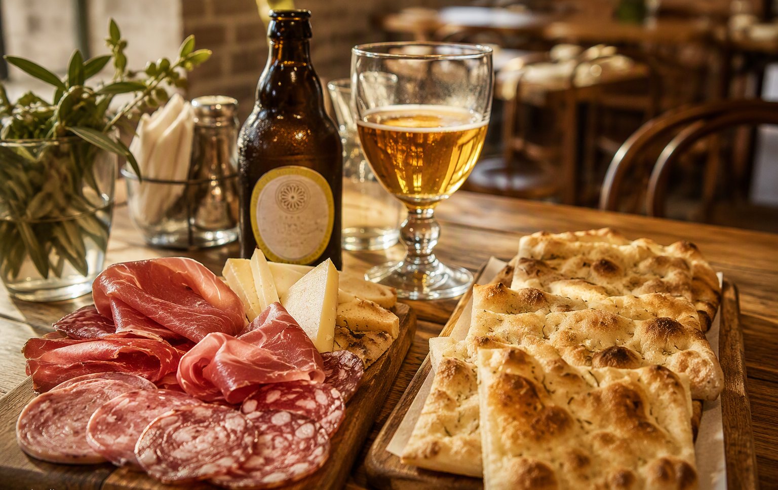 La tavola Nemo: birra Nursia, tagliere di salumi e pinsa